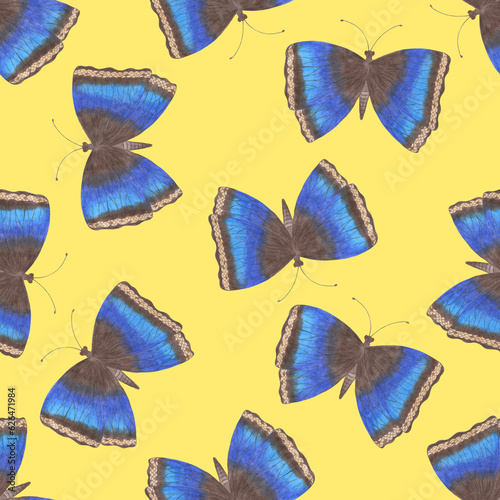 Seamless Pattern with Colorful Butterflies on Yellow Background.