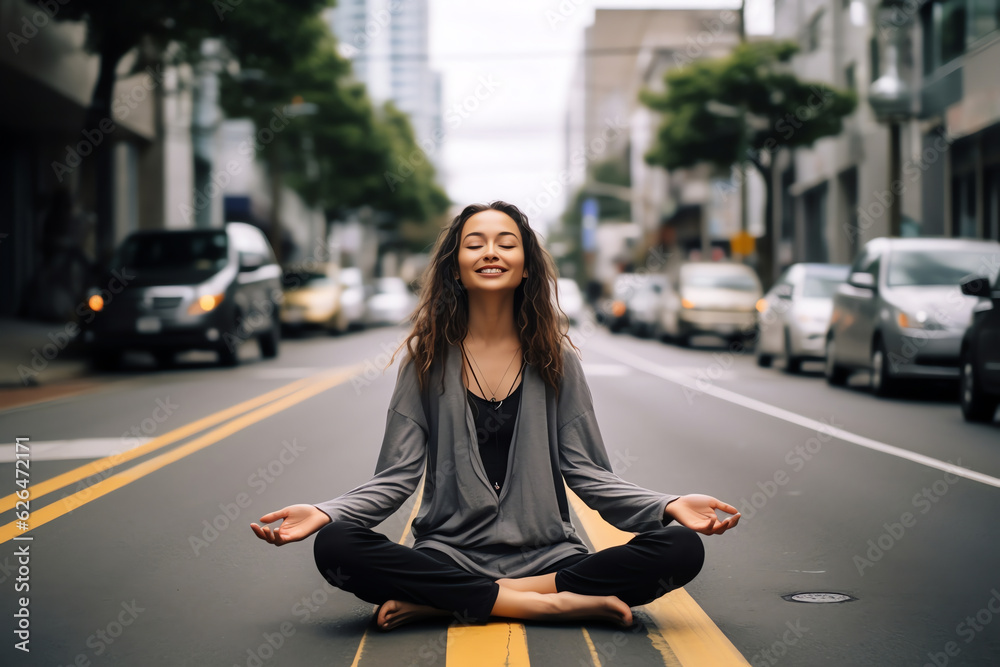 Generative AI : Woman relaxing breathing fresh air in the street Generative AI : Woman relaxing breathing fresh air in the street
