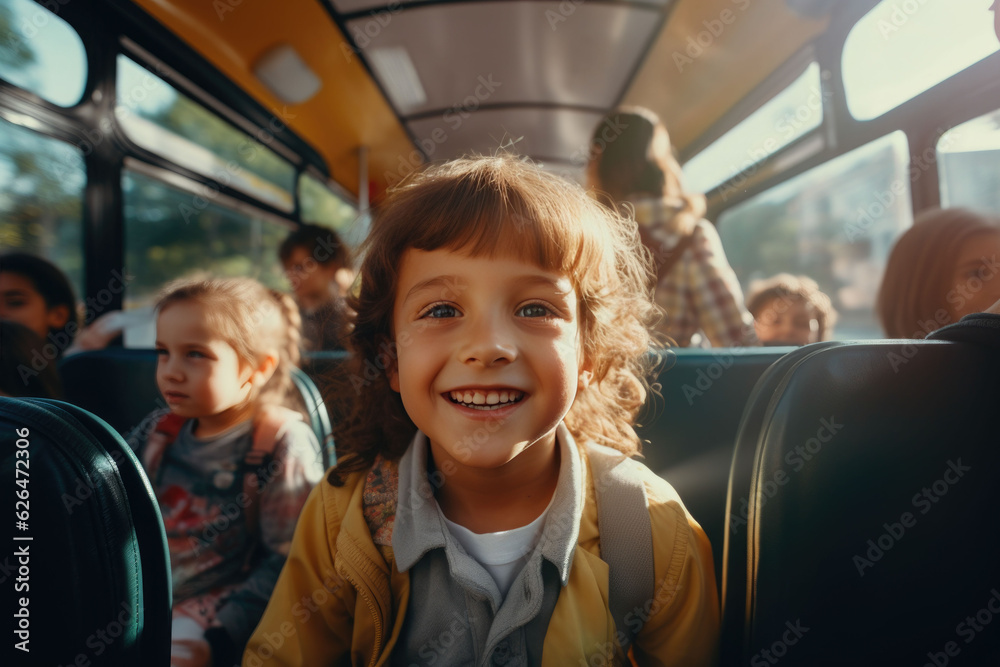 Children smile on the school bus in the morning time back to school