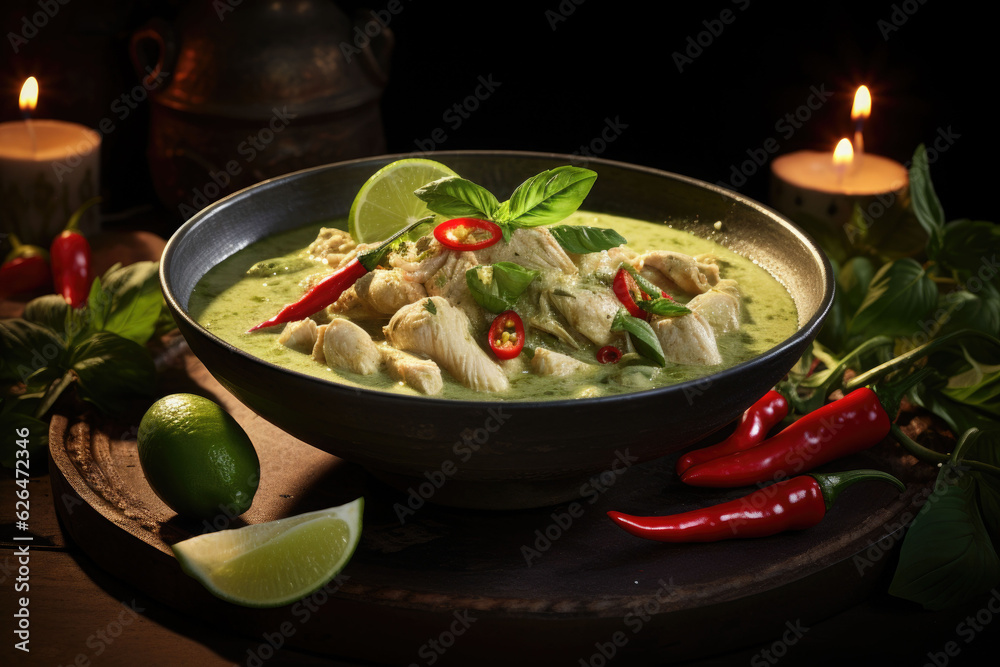 spicy hot chicken green curry with coconut milk soup