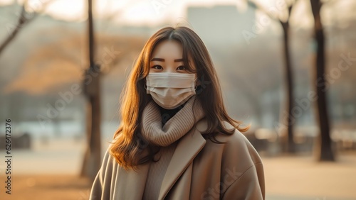 Generative AI : Woman wearing protective mask to avoid coronavirus contagion breathing fresh air in a park