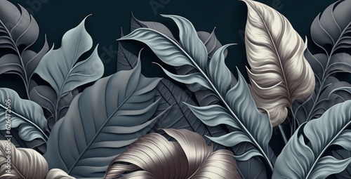 Blue vintage tropical leaves in seamless border design. Premium wallpaper, luxury silver grey background, texture, mural art. 3d dark watercolor floral illustration. Golden, beige, Generative AI