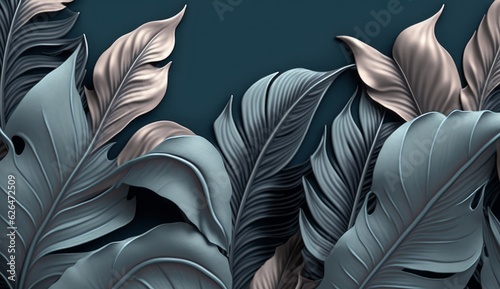 Blue vintage tropical leaves in seamless border design. Premium wallpaper, luxury silver grey background, texture, mural art. 3d dark watercolor floral illustration. Golden, beige, Generative AI
