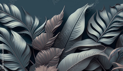 Blue vintage tropical leaves in seamless border design. Premium wallpaper, luxury silver grey background, texture, mural art. 3d dark watercolor floral illustration. Golden, beige, Generative AI