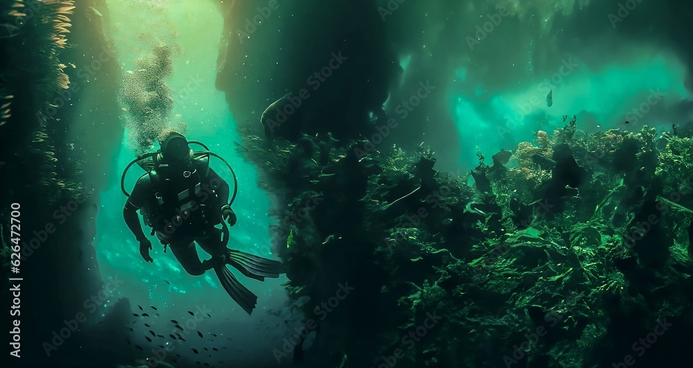divers in the aquarium. Created with generative AI technology divers in the aquarium. Created with generative AI technology