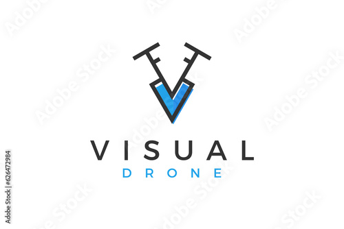 V initial logo design aerial drone propeller technology icon symbol