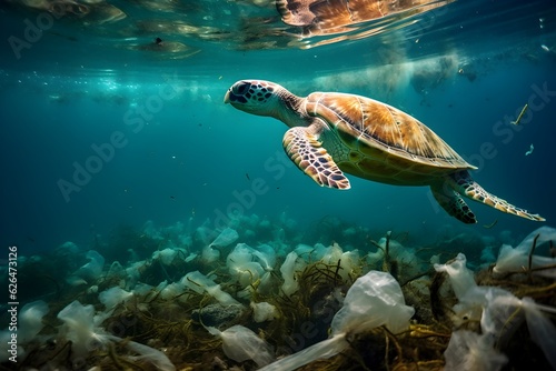 Compelling image of sea turtle amidst ocean pollution