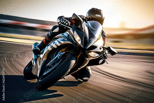 Superbike motorcycle on the race track with motion blur. Superbike motorcycle. Generative Ai © tong2530
