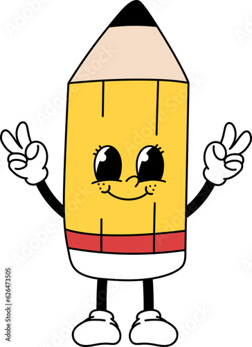 Retro Cartoon Mascot School Pencil Groovy Character Victory