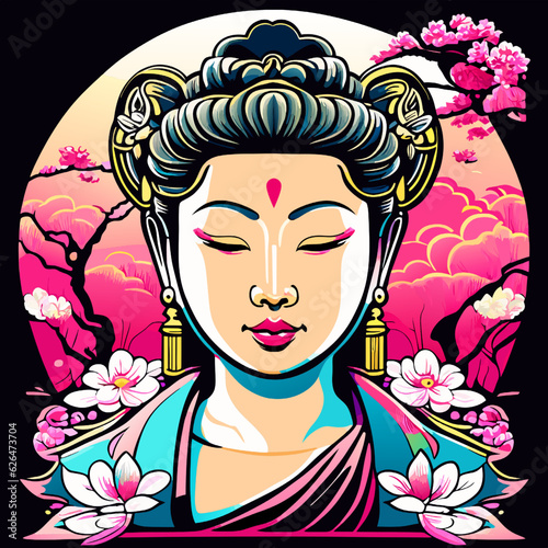 Beautiful asian woman face in traditional costume. Vector illustration.