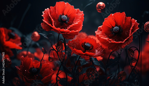 A black background reveals red poppy flowers.
