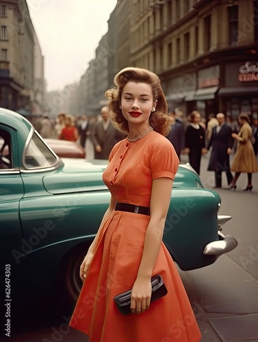A woman in a 1950s street wearing an orange dress.