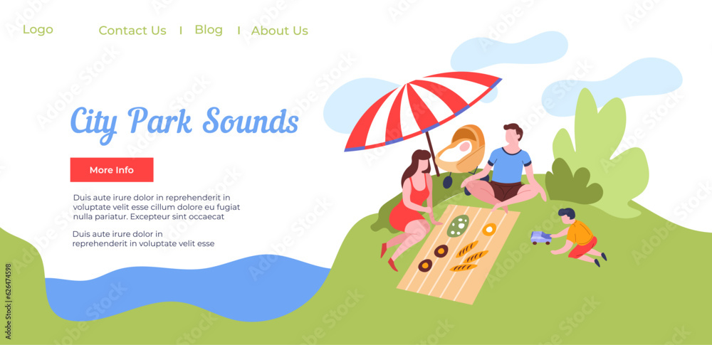 Naklejka premium City park sounds, family on picnic website page