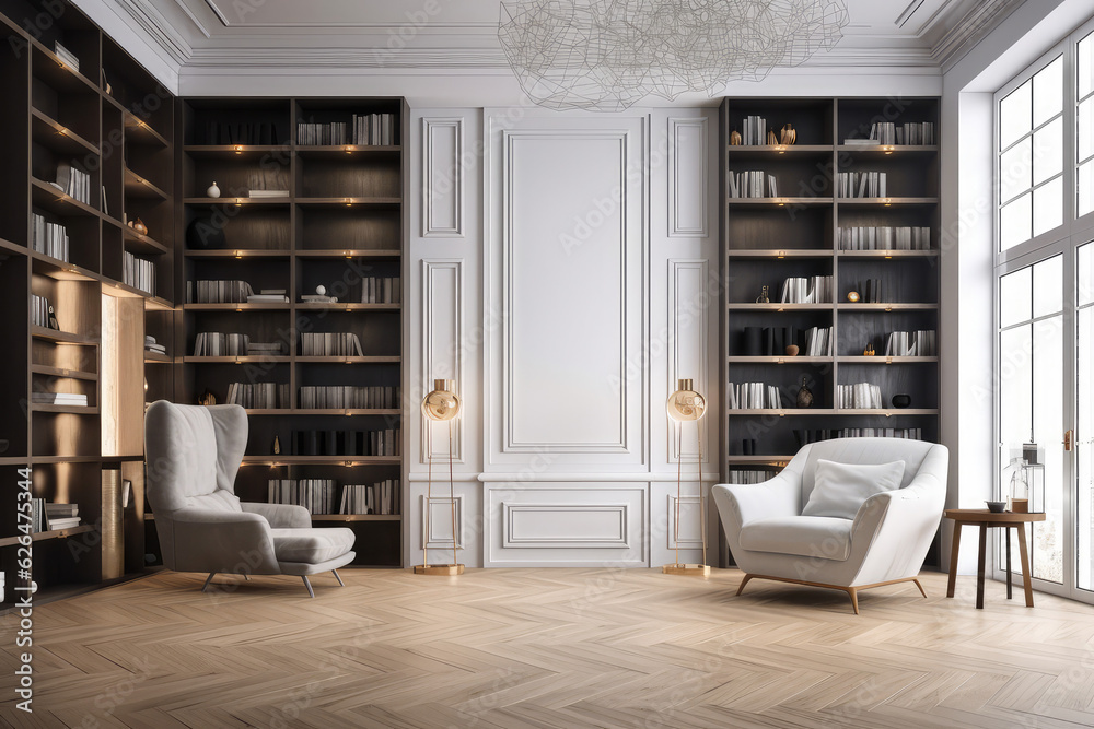 Interior of a large modern living room or home library with white and wooden walls, wooden floor, comfortable armchair and bookcase, generative AI
Interior of a large modern living room or home library with white and wooden walls, wooden floor, comfortable armchair and bookcase, generative AI