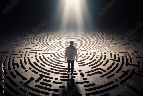 Man walking into big labyrinth. Finding solution concept, generative AI 