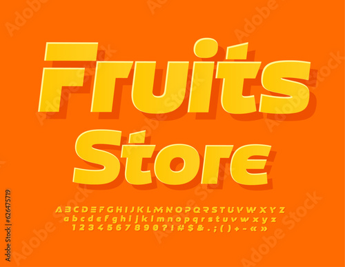 Vector trendy Emblem Fruits Store. Orange sticker Font. Stylish Alphabet Letters and Numbers set