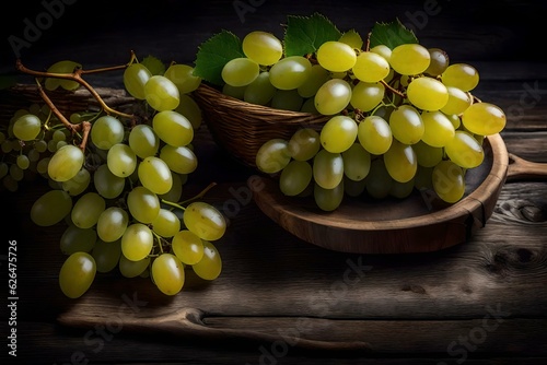 "Clustered perfection: a bunch of ripe grapes nestled atop weathered wood."