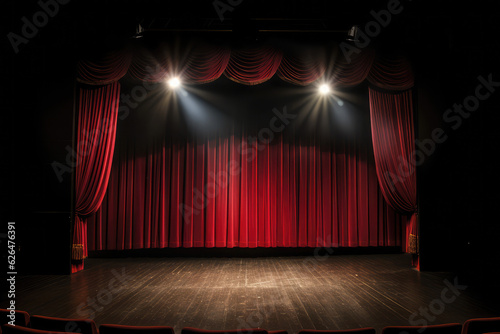 Theater stage with red curtains are opening with spotlight performance lights showing, generative AI 