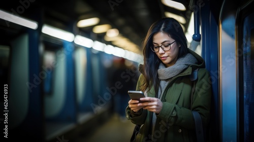 Portrait of a lovely girl typing message on mobile phone in subway train. Generative Ai.