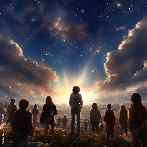 a photo with stunning clarity and realism. A vast, mixed-gender crowd of individuals should be depicted in the scene. All of them have their heads turned to the sky as seen from behind. There is a sen