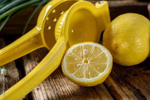 Zesty Citrus Extravaganza: Close-Up of Lemon and Lime Fruit with a Plastic Hand Tool Squeezer, Bursting with Flavor in 4K Resolution photo