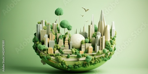 Eco friendly city concept in a beautiful paper cut style design. Green living and urban sustainability on Earth. Generative AI