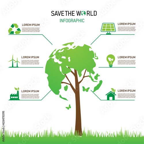 green ecology infographic element on white background. Save the world tree shaped world map. vector illustration in flat design. isolated on white background. sustainable nature concept.