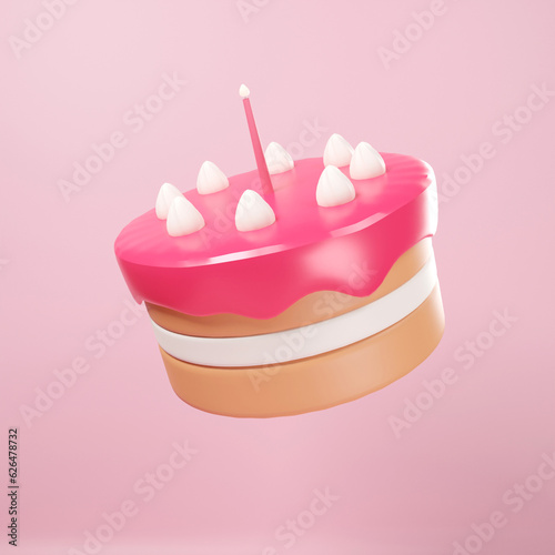 3D Glossy pink cake with whip cream and candle, 3D rendering minimal strawberry cake on pastel background ,Birthday cake with icing