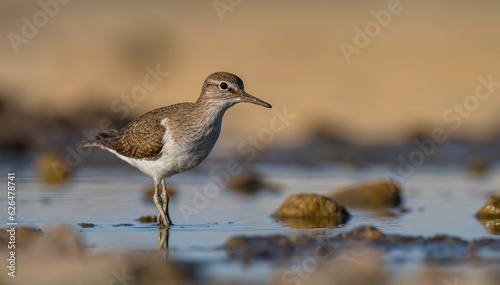 Common Sandpiper (Actitis hypoleucos) is a wetland bird that feeds on mollusks near lakes and streams. It is a common bird in Asia, Europe, Africa and Australia. © selim