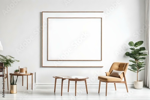 Blank picture frame mockup on white wall in the room generated by AI tool © Muhammad