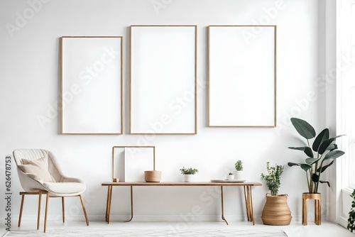 Blank picture frame mockup on white wall in the room generated by AI tool