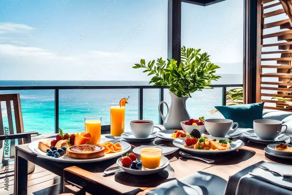 Luxury breakfast in hotel room with stunning ocean view generated by AI tool