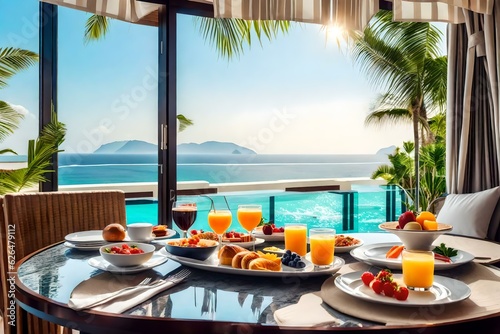 Luxury breakfast in hotel room with stunning ocean view generated by AI tool