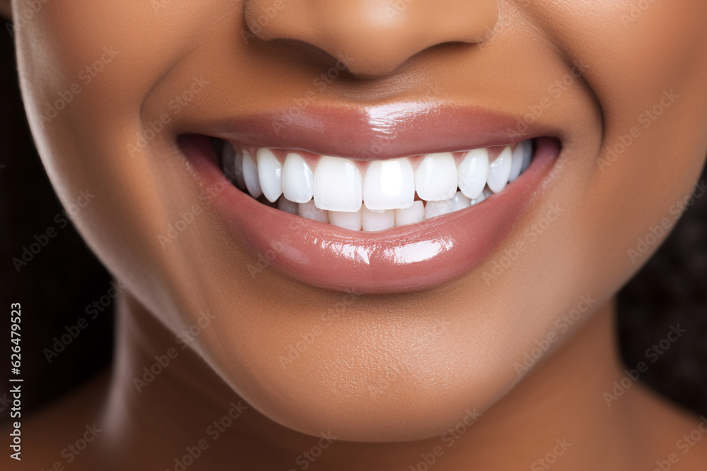 Obraz premium Close up of black woman perfect white theeth smile, dentist clinic advertisement