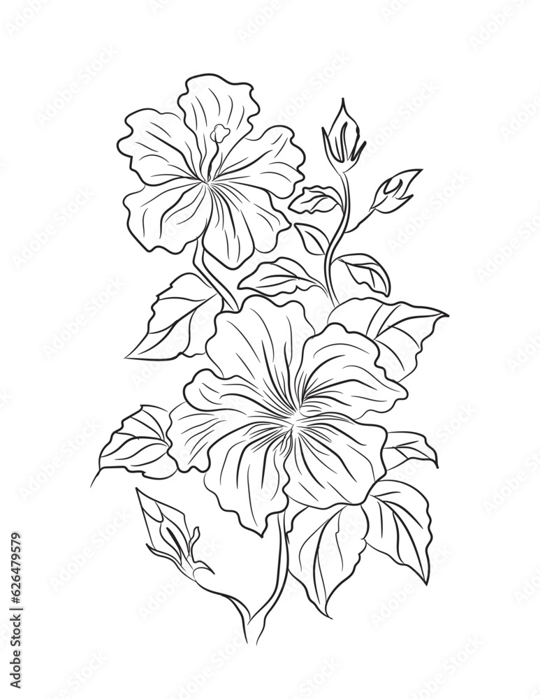 Floral coloring page, flower line art illustration