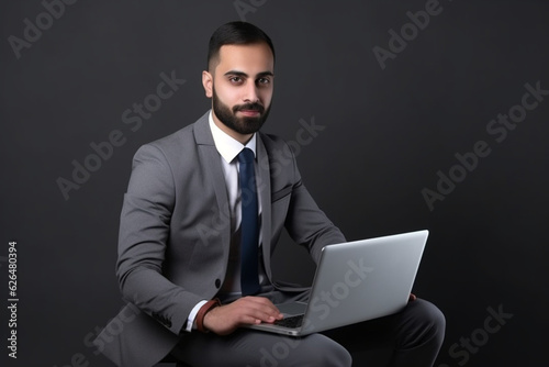 Businrssman with laptop on grey background © alisaaa