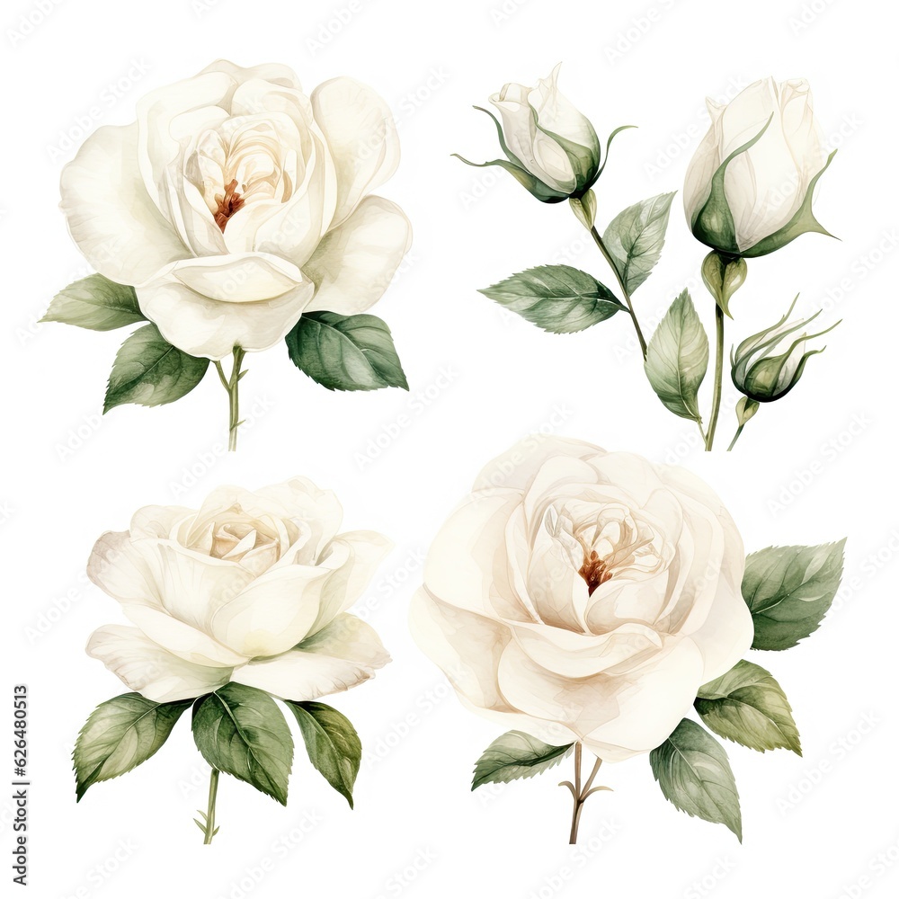 Naklejka premium Watercolor floral bouquet illustration set - white flower green leaf leaves branches bouquets collection.
