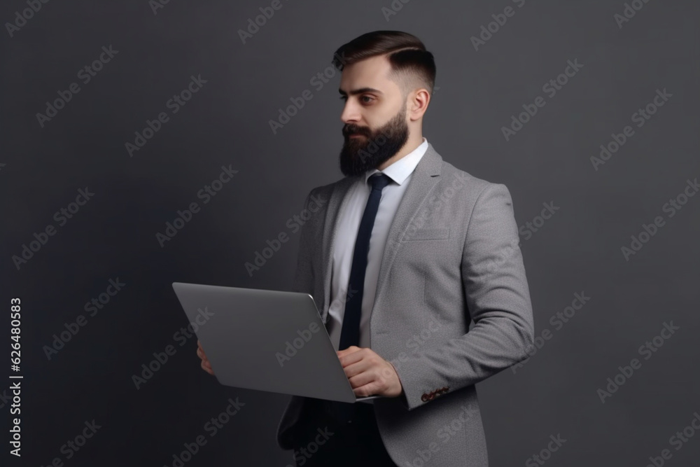 Businrssman with laptop on grey background