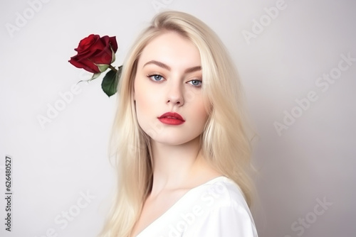 Pretty attractive girl with blond hair fashion shooting rose simple background