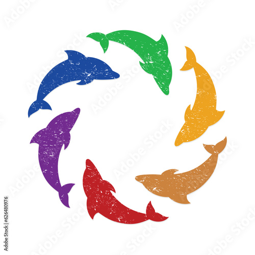 The round symbol with colored dolphins.
