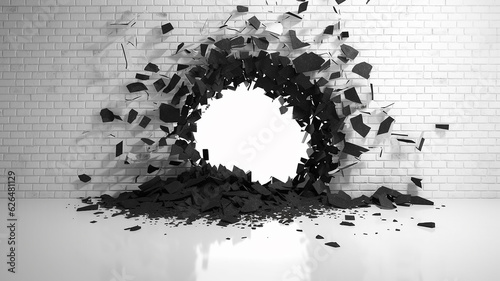 hole in the black brick wall white light from the hole abstract background.