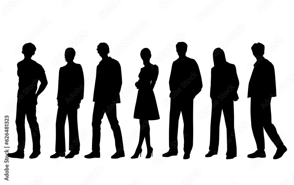 Vector silhouettes of  men and a women, a group of walking   business people, profile, black  color isolated on white background