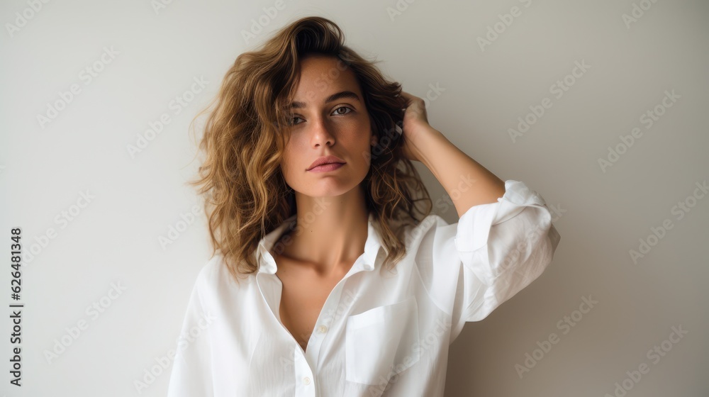 Close up portrait of young pretty brunette lady with wavy hair and tender glance looking on camera. Non-existent person. Generative Ai Close up portrait of young pretty brunette lady with wavy hair and tender glance looking on camera. Non-existent person. Generative Ai