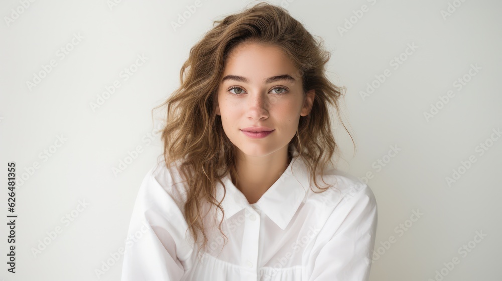 Close up portrait of young pretty brunette lady with wavy hair and tender glance looking on camera. Non-existent person. Generative Ai Close up portrait of young pretty brunette lady with wavy hair and tender glance looking on camera. Non-existent person. Generative Ai