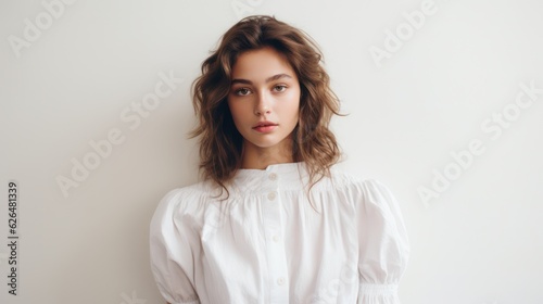 Close up portrait of young pretty brunette lady with wavy hair and tender glance looking on camera. Non-existent person. Generative Ai