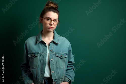 Young pretty attractive girl in denim clothes in glasses on a simple dark green background with empty place for text