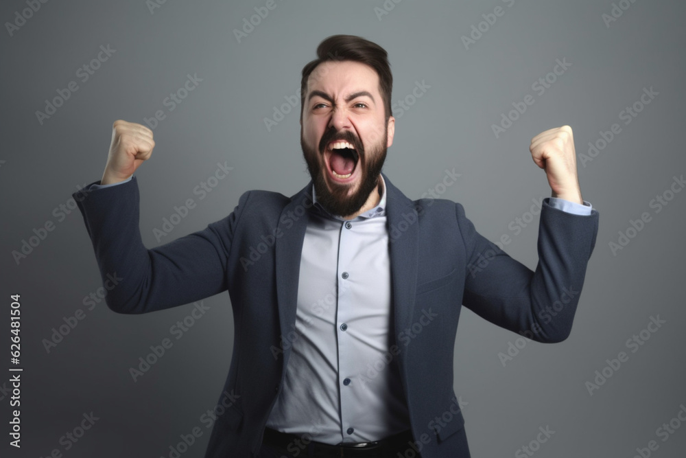 excited man on grey background