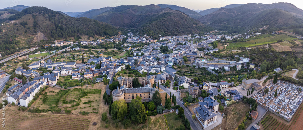 A Breathtaking Aerial View of Vallafranca del Bierzo at Sunrise, Spain