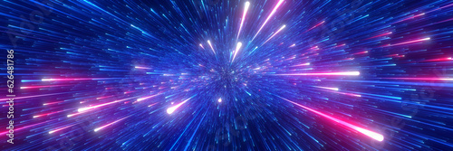 Abstract background in blue and red neon glow colors. Speed of light in galaxy. Explosion in universe. Space background for event, party, carnival, celebration, anniversary or other.