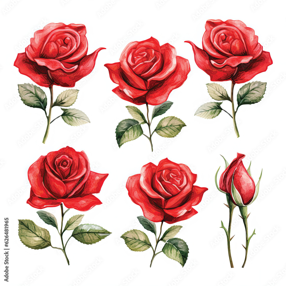 Set red rose, beautiful flower on isolated white background, watercolor illustration, botanical painting Set red rose, beautiful flower on isolated white background, watercolor illustration, botanical painting
